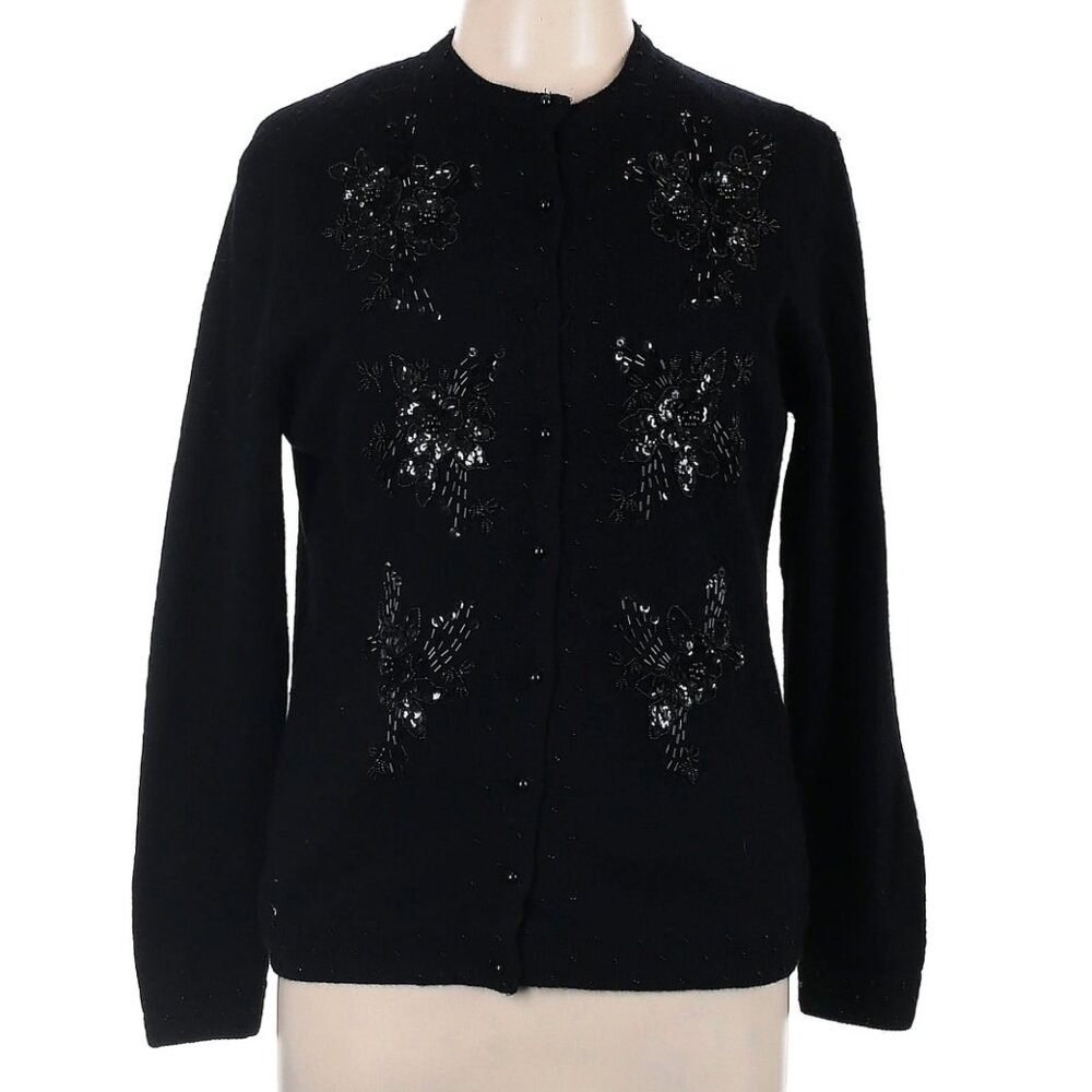 Vintage Beaded Sequin Wool Black Cardigan Sweater Hong Kong Womens M